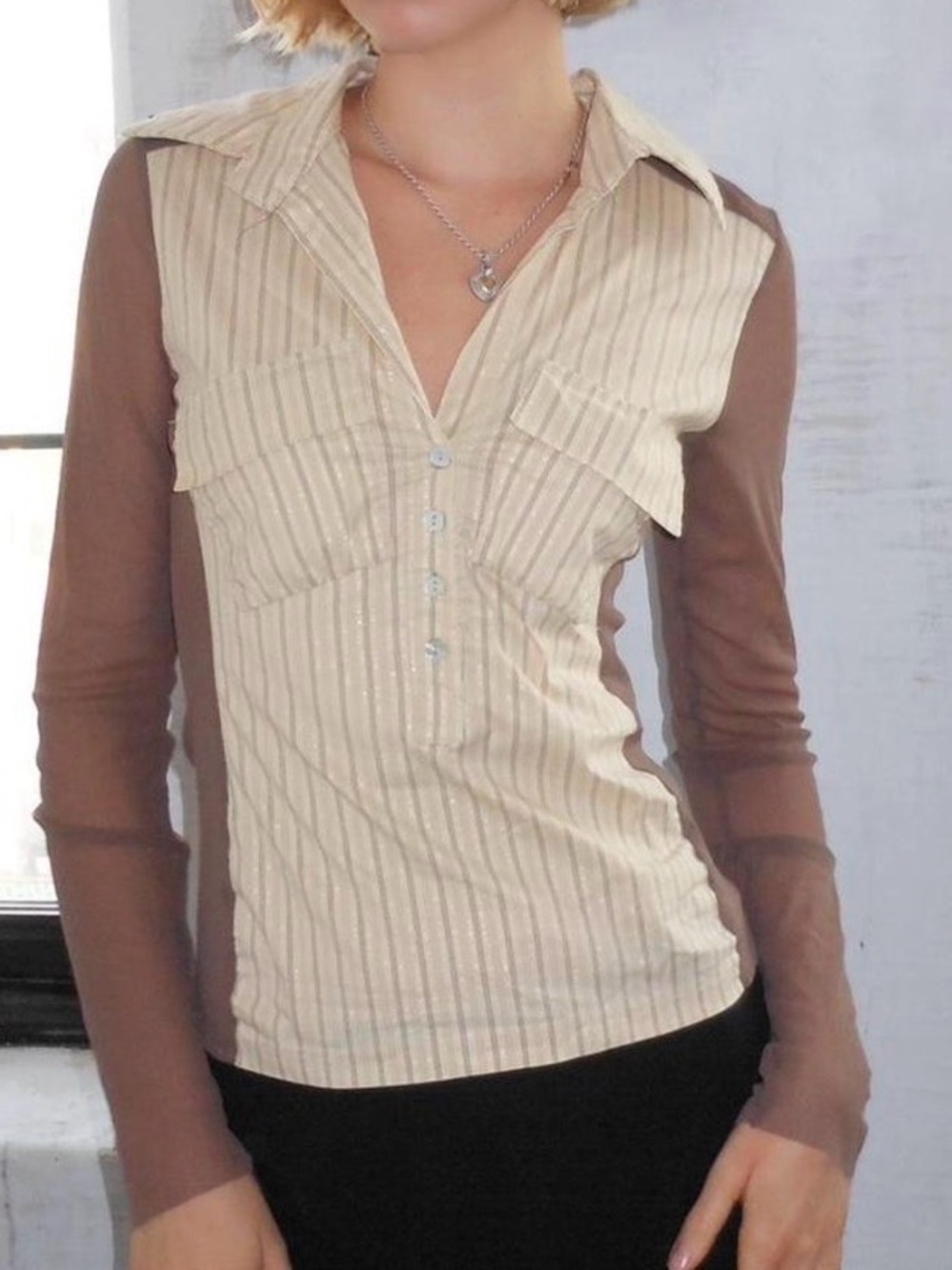 Sheer-Sleeve Striped Polo Top